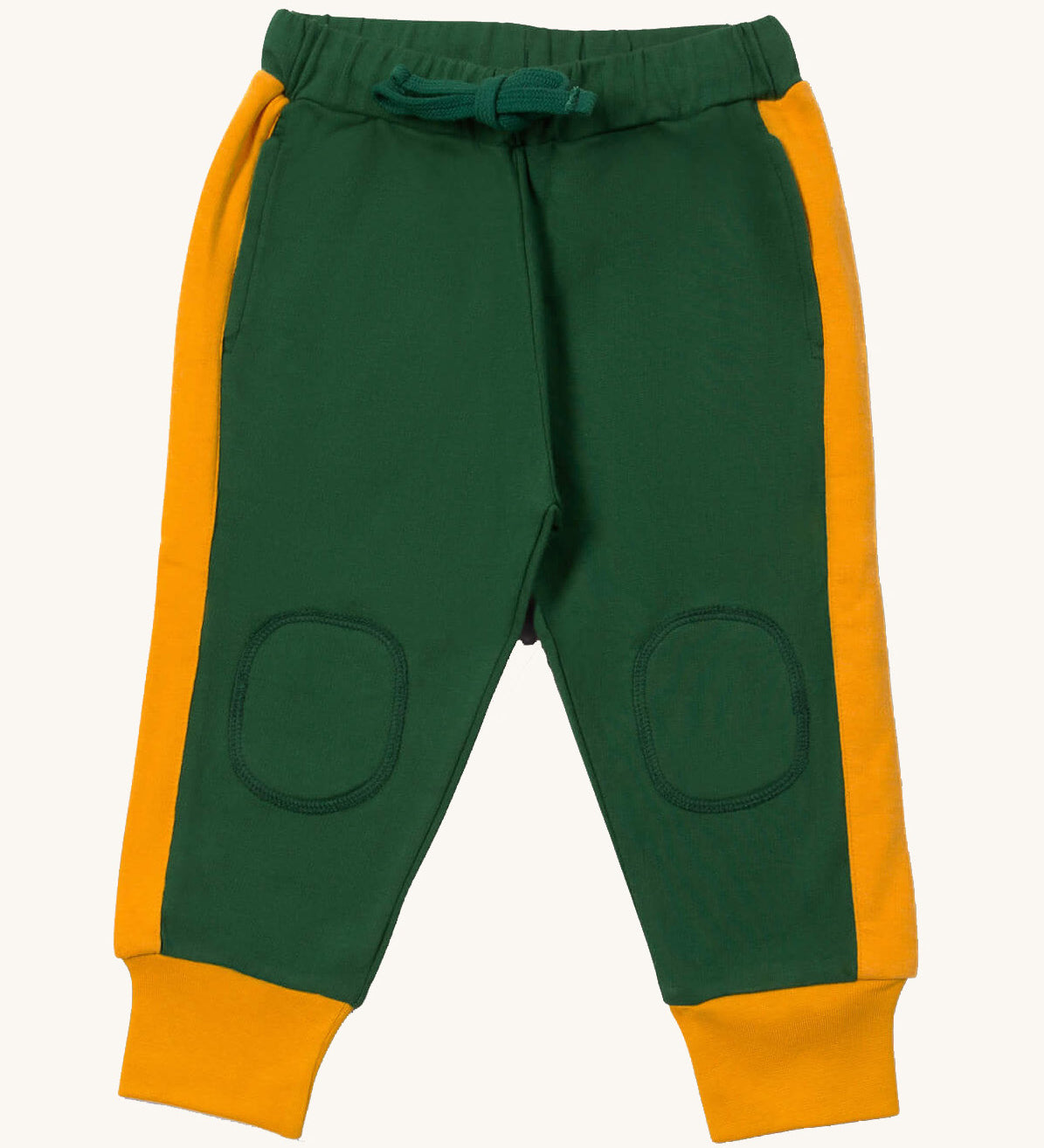 Little Green Radicals cosy joggers in olive available at Babipur.. A soft GOTS organic cotton green jogger pants with a yellow stripe on the side and matching yellow trim. Features 2 side pockets a matching green waist drawstring and knee patches.