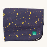 Little Green Radicals dark night sherpa hooded blanket. A GOTS organic cotton navy blanket with a starry night print and a brand logo patch on the corner. Features a white sherpa style fleece lining.