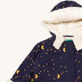A close up of the Little Green Radicals dark night sherpa toasty coat. Showing the white sherpa style fleece inner,  matching trim for extra warmth and corduroy detail on GOTS organic cotton fabric. 