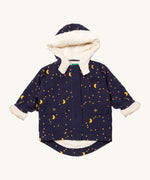 Little Green Radicals dark night sherpa toasty coat available at  Babipur. A GOTS organic cotton winter corduroy style jacket  in navy with a white fleece inner for warmth. Features 2 side pockets with popper fasteners and a delicate starry night design
