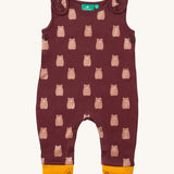 Little green Radicals brown bears everyday dungarees available at Babipur. A GOTS organic cotton dungaree in dark maroon and yellow trim with prints of cute brown bears. Features button fasteners on the shoulder and popper around the crotch.