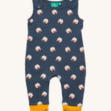 Little green Radicals sheep everyday dungarees available at Babipur. A GOTS organic cotton dungaree in navy yellow trim with prints of cute brown bears. Features button fasteners on the shoulder and popper around the crotch.