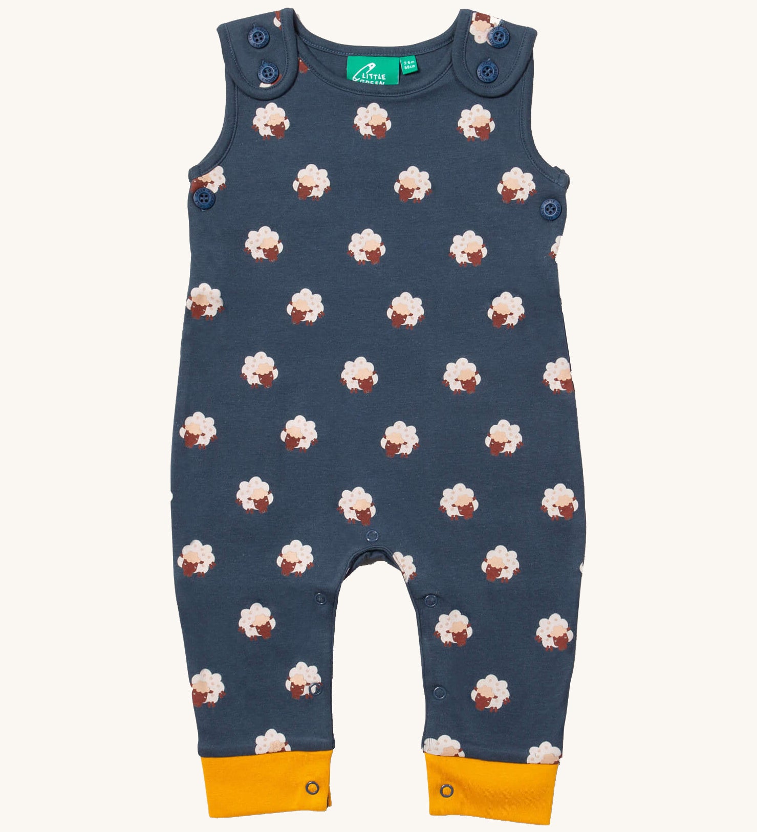 Little green Radicals sheep everyday dungarees available at Babipur. A GOTS organic cotton dungaree in navy yellow trim with prints of cute brown bears. Features button fasteners on the shoulder and popper around the crotch.