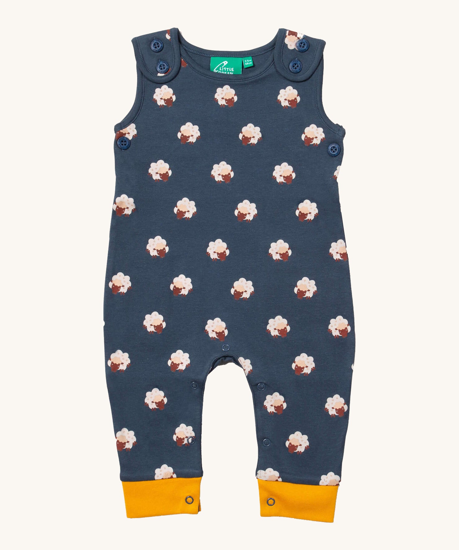 Little green Radicals sheep everyday dungarees available at Babipur. A GOTS organic cotton dungaree in navy yellow trim with prints of cute brown bears. Features button fasteners on the shoulder and popper around the crotch.