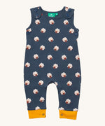 Little green Radicals sheep everyday dungarees available at Babipur. A GOTS organic cotton dungaree in navy yellow trim with prints of cute brown bears. Features button fasteners on the shoulder and popper around the crotch.