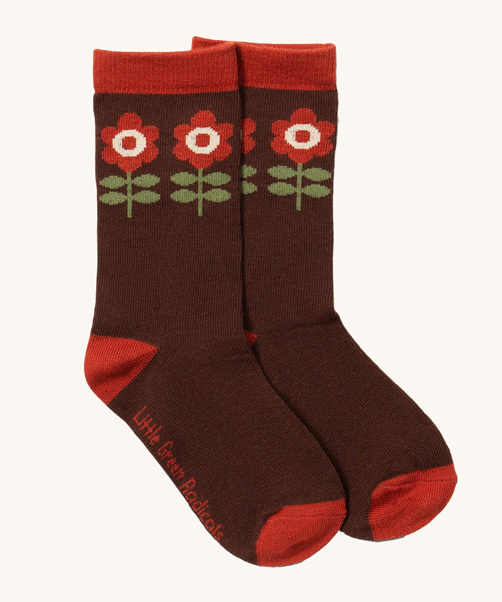 Little Green Radicals flowers ankle socks available at Babipur. A brown GOTS organic cotton sock with a retro flower design and red trim.