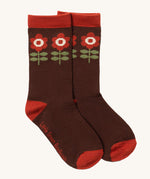 Little Green Radicals flowers ankle socks available at Babipur. A brown GOTS organic cotton sock with a retro flower design and red trim.
