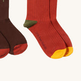 A close up of the red and flowers Little Green Radicals  ankle socks. Showing the soft ribbed stitch detail on organic cotton fabric