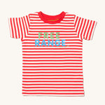  Little Green Radicals Free Range Top, made from organic cotton with red and white stripes, and green and blue lettering on a cream background