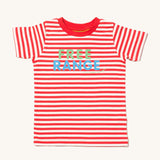  Little Green Radicals Free Range Top, made from organic cotton with red and white stripes, and green and blue lettering on a cream background