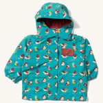 Little Green Radicals Garden Birds Recycled Waterproof Windbreaker Jacket, made from 100% Recycled Polyester, this beautiful jacket is windproof and waterproof. The coat is a beautiful teal green, patterned with various garden bird prints in a fun design,
