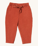 Little Green Radicals comfy trousers in ginger corduroy available at Babipur. A soft GOTS organic cotton trousers in dark orange with elasticated waistband for a comfortable fit and a matching drawstring.
