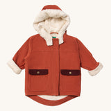Little Green Radicals ginger sherpa toasty coat available at  Babipur. A GOTS organic cotton winter corduroy style jacket  in dark orange colour with a white fleece inner for warmth. Features 2 side pockets with a contrast lid and popper fasteners.