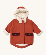 Little Green Radicals ginger sherpa toasty coat available at  Babipur. A GOTS organic cotton winter corduroy style jacket  in dark orange colour with a white fleece inner for warmth. Features 2 side pockets with a contrast lid and popper fasteners.