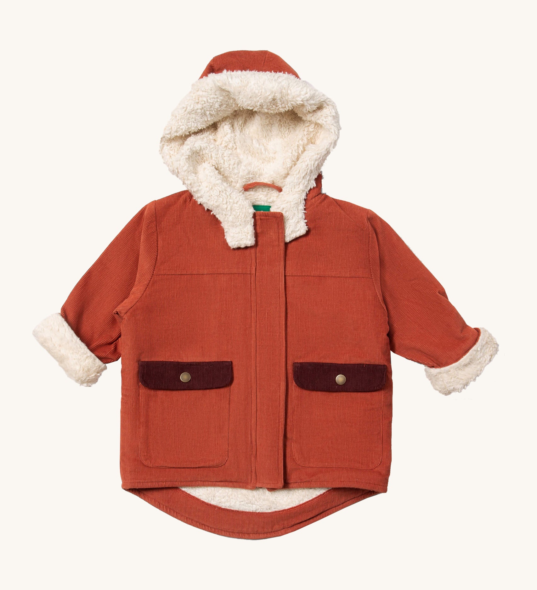 Little Green Radicals ginger sherpa toasty coat available at  Babipur. A GOTS organic cotton winter corduroy style jacket  in dark orange colour with a white fleece inner for warmth. Features 2 side pockets with a contrast lid and popper fasteners.