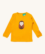 Little Green Radicals gold brown owl applique long sleeve top available at Babipur. A GOTS organic cotton top in yellow with a cute brown applique on the front. Features popper fasteners on the back.