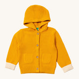 Little Green Radicals gold snuggly hooded knitted cardigan available at Babipur. A GOTS organic cotton warm cardigan in yellow with a cream cuff trim. Features a hood, 2 pouch pockets and button fasteners down the middle