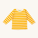 Little Green Radicals gold striped long sleeve top available at Babipur. A GOTS organic cotton top with long sleeves with bold yellow and white stripes with white collar and cuffs.