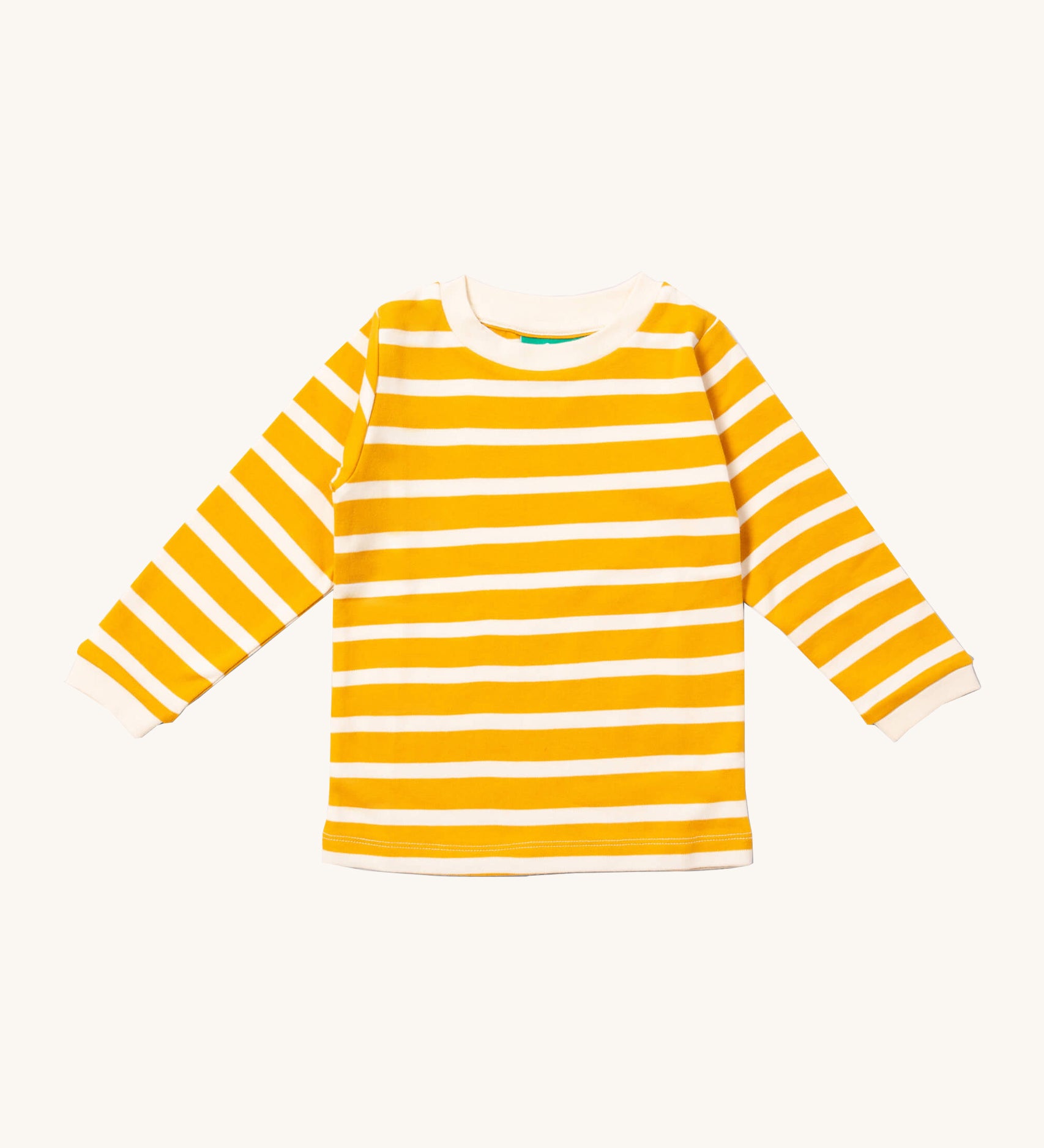 Little Green Radicals gold striped long sleeve top available at Babipur. A GOTS organic cotton top with long sleeves with bold yellow and white stripes with white collar and cuffs.