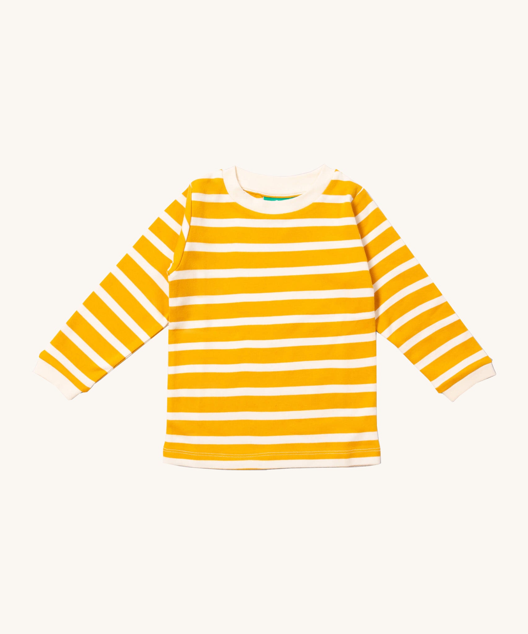 Little Green Radicals gold striped long sleeve top available at Babipur. A GOTS organic cotton top with long sleeves with bold yellow and white stripes with white collar and cuffs.