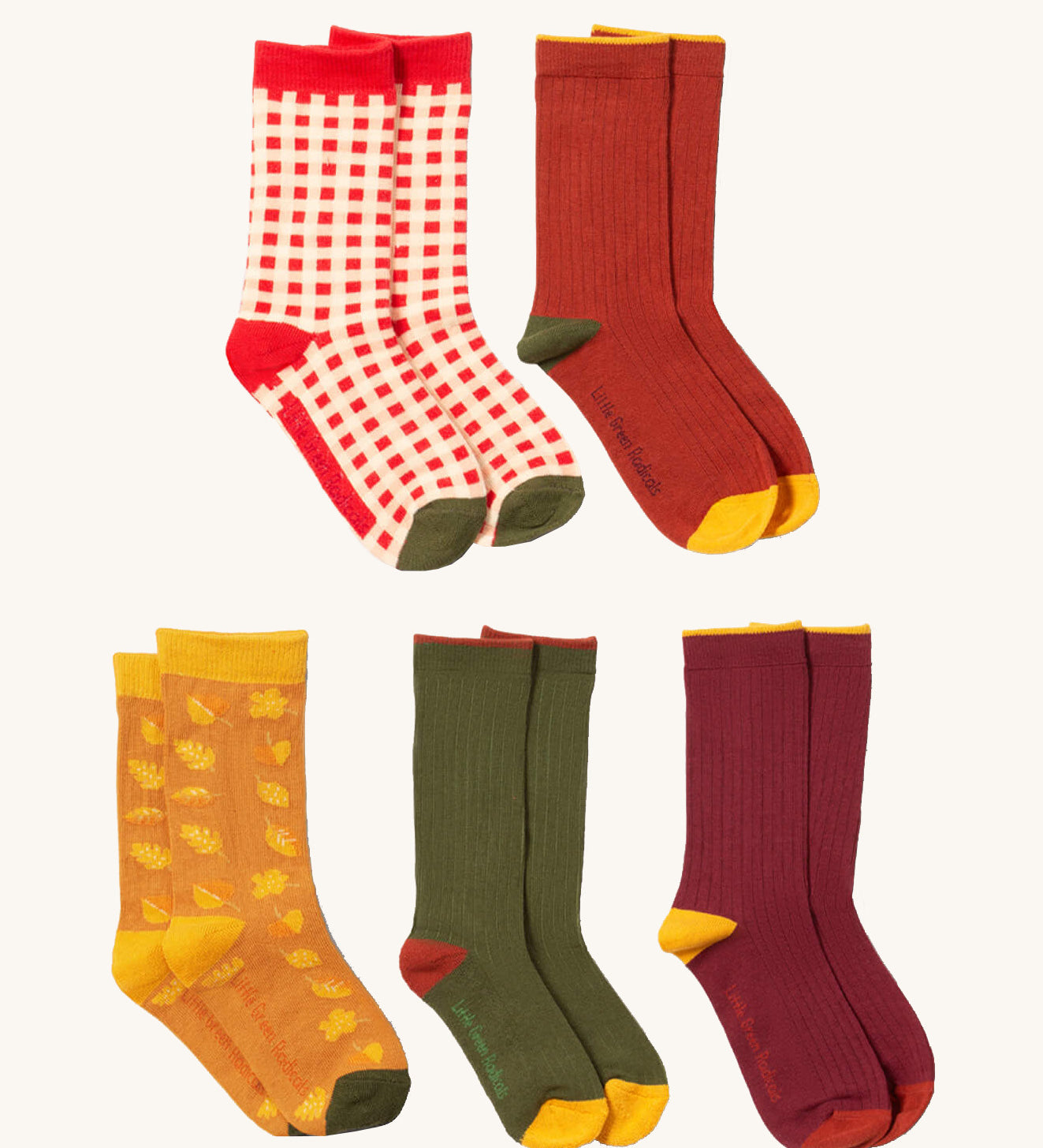 Little Green Radicals golden leaves ankle sock multipack set. A set of 5 GOTS organic cotton ankle socks in autumn inspired colours. 
