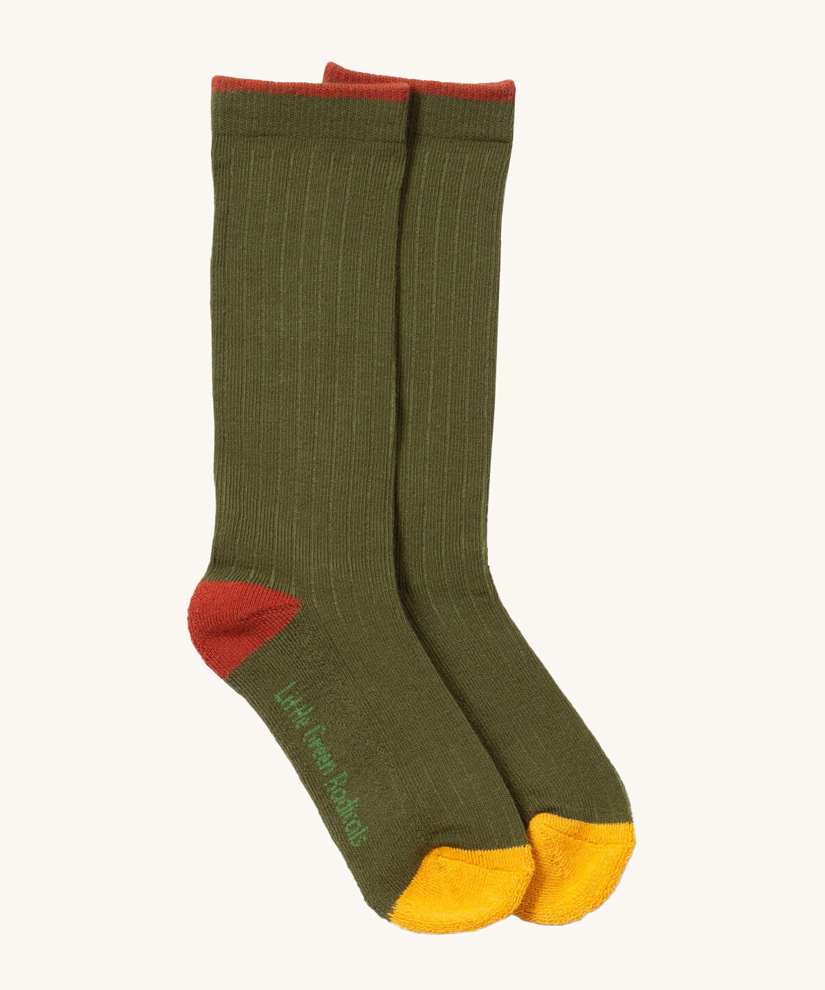 Little Green Radicals green block ankle socks from the golden leaves set. A green soft ribbed GOTS organic cotton sock with green and yellow trim