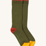 Little Green Radicals green block ankle socks from the golden leaves set. A green soft ribbed GOTS organic cotton sock with green and yellow trim