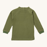 Little Green Radicals green chive waffle long sleeve cosy top available at Babipur. A GOTS organic cotton top in dark green, features popper fasteners on the back