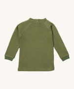 Little Green Radicals green chive waffle long sleeve cosy top available at Babipur. A GOTS organic cotton top in dark green, features popper fasteners on the back