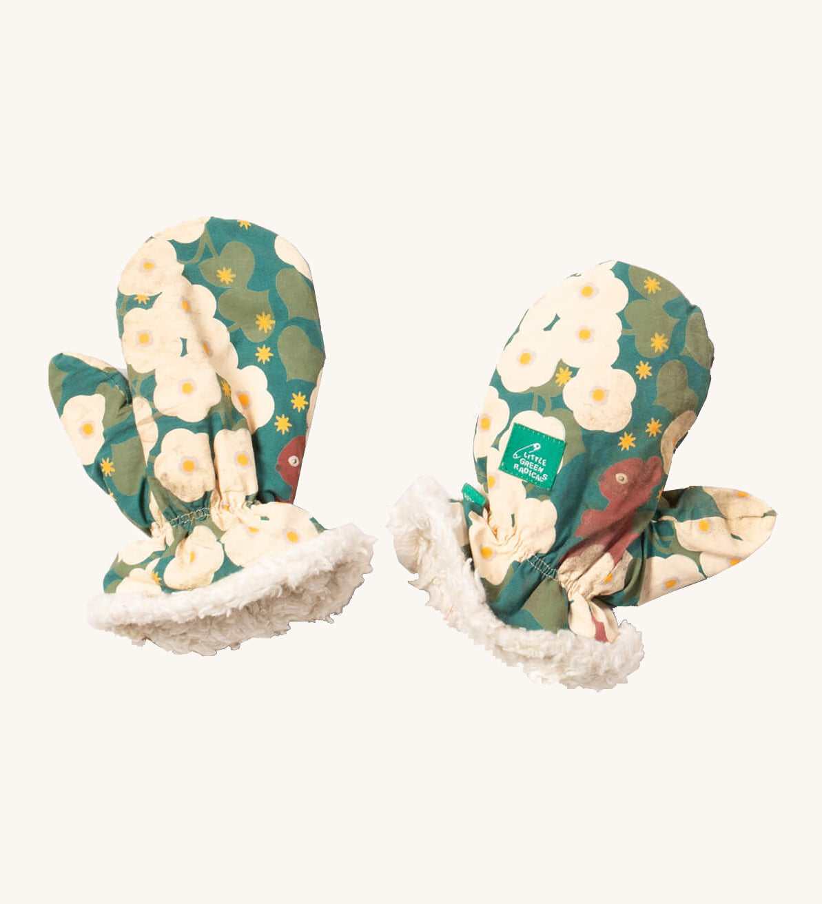 Little Green Radicals sherpa fleece mittens in hedgerow available at Babipur. A GOTS organic cotton mitten in turquoise with a cute squirrel print in flowers  with a white sherpa style fleece inner for warmth.