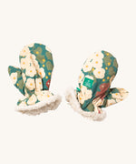 Little Green Radicals sherpa fleece mittens in hedgerow available at Babipur. A GOTS organic cotton mitten in turquoise with a cute squirrel print in flowers  with a white sherpa style fleece inner for warmth.