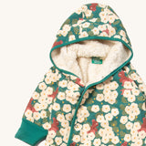 A close up of the Little Green Radicals sherpa line snow suit in hedgerow. Showing the hood detail with sherpa fleece and the teal trim detail 