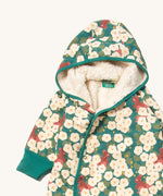 A close up of the Little Green Radicals sherpa line snow suit in hedgerow. Showing the hood detail with sherpa fleece and the teal trim detail 