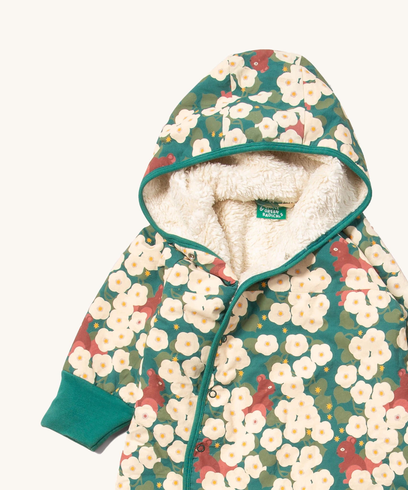 A close up of the Little Green Radicals sherpa line snow suit in hedgerow. Showing the hood detail with sherpa fleece and the teal trim detail 