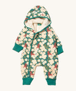 Little Green Radicals sherpa line snow suit in hedgerow. A GOTS organic cotton winter all in one outfit with a cute squirrel print with white flowers. Features a sherpa lined inner for warmth and popper fasteners. 