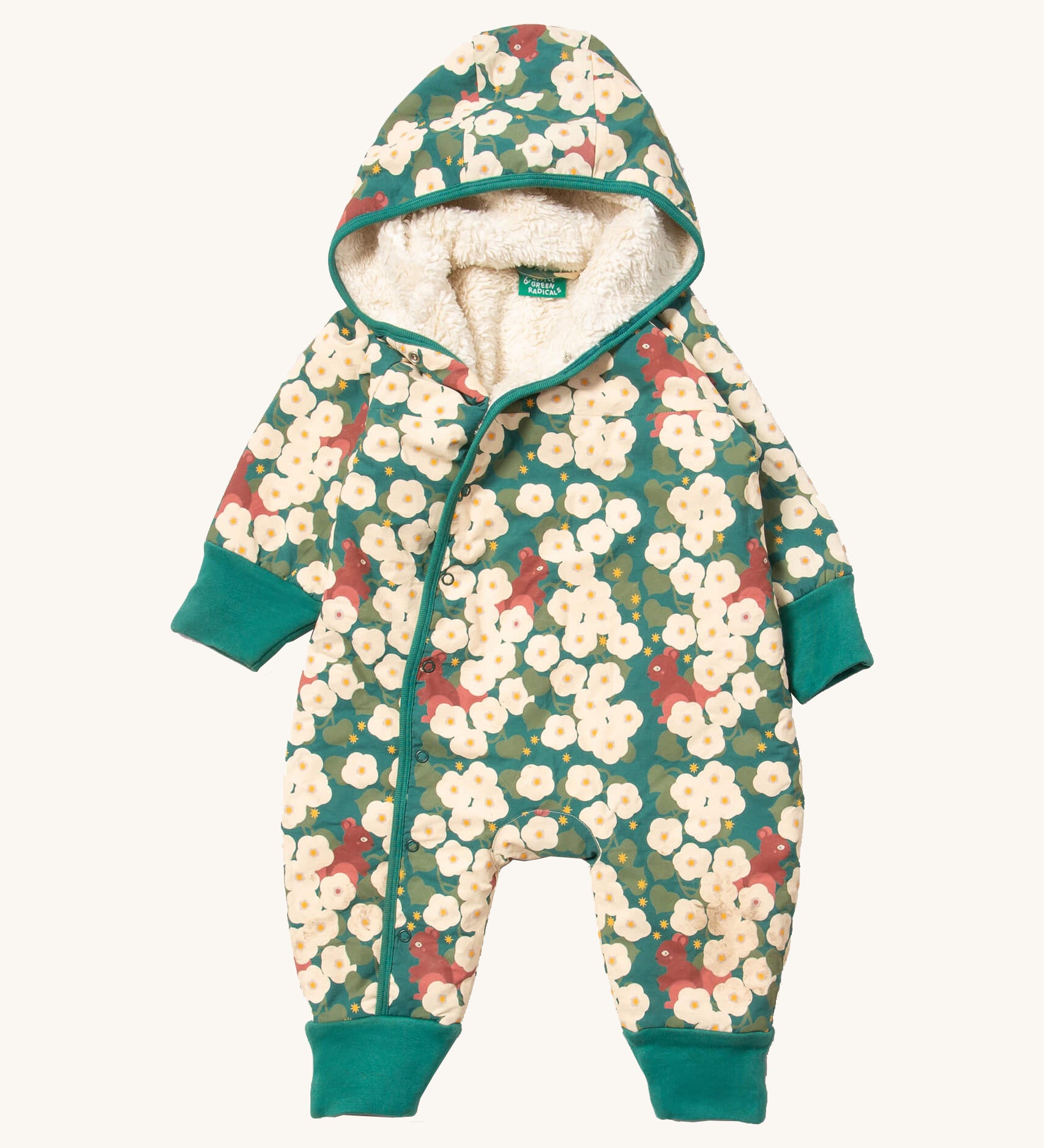 Little Green Radicals sherpa line snow suit in hedgerow. A GOTS organic cotton winter all in one outfit with a cute squirrel print with white flowers. Features a sherpa lined inner for warmth and popper fasteners. 
