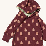 A close up of the Little Green Radicals hooded snug suit in brown bears showing the hood which has a green and white stripe inner and the zip detail on GOTS organic cotton fabric