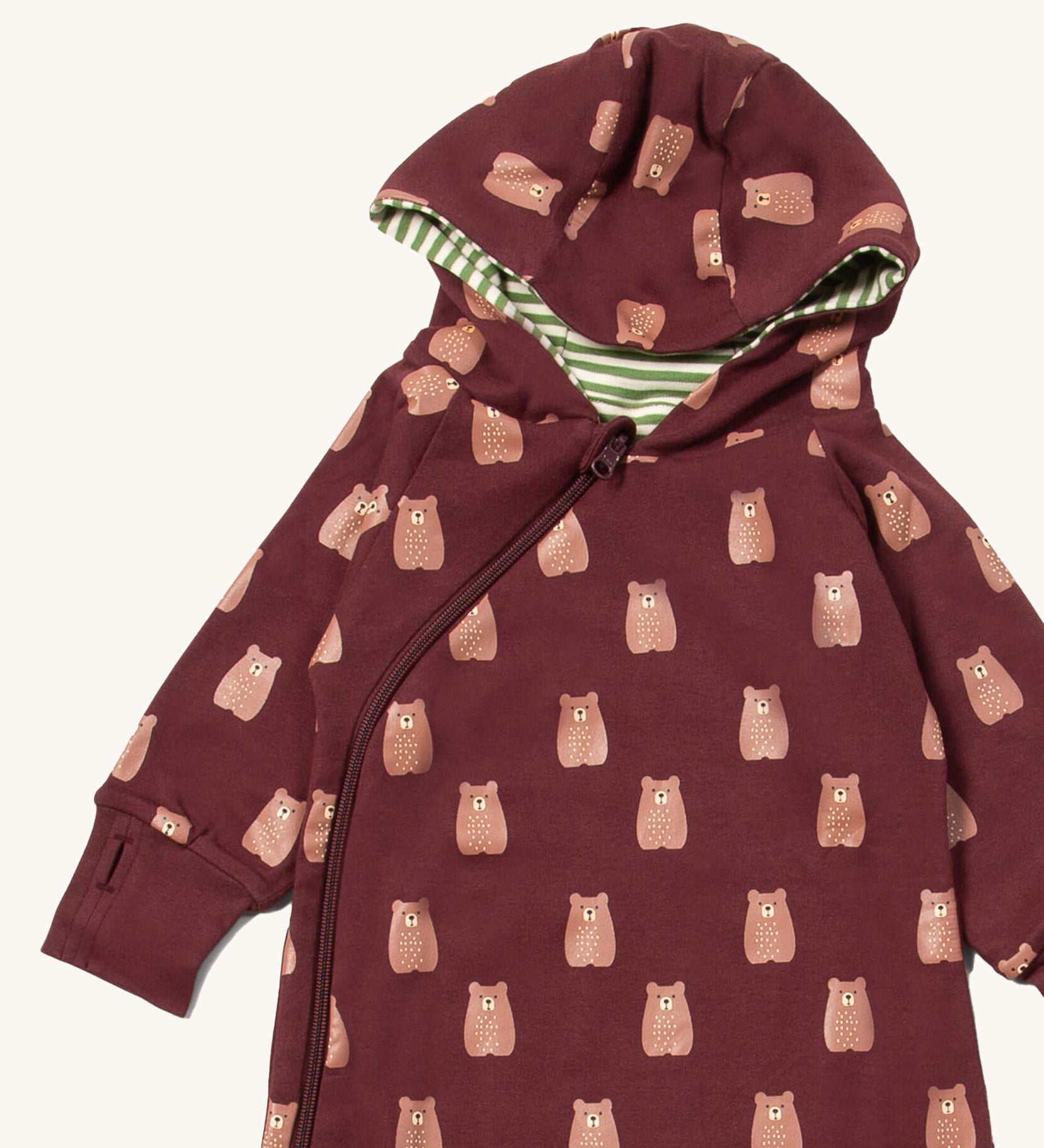 A close up of the Little Green Radicals hooded snug suit in brown bears showing the hood which has a green and white stripe inner and the zip detail on GOTS organic cotton fabric
