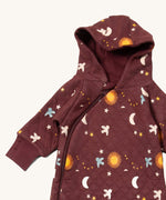 A close up of the Little Green Radicals hooded snug suit in flying birds showing the hood and zip detail on GOTS organic cotton fabric