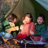A group of kids sitting outside under a shelter including a child wearing the Little Green Radicals snuggly knitted jumper in juniper stripe. Available at Babipur this thick warm knitted jumper  comes in a yellow and pale red stripe design. Features a extendable arm cuff for size adjusting. 