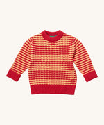 Little Green Radicals snuggly knitted jumper in juniper stripe available at Babipur. A thick warm knitted jumper from GOTS organic cotton fabric in pale red and yellow stripe with a pale collar, cuff and hem trim. 