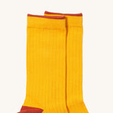 Little Green Radicals yellow block ankle socks from the winter rabbit set available at Babipur. A GOTS organic cotton sock with green and red trim. 