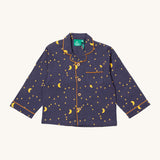 Little Green Radicals classic pyjama top from the dark night classic set. A GOTS organic cotton pyjama top in a classic shirt type style in navy with yellow trim and a starry night design. Features button fasteners and a small chest pocket.