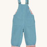 Little Green Radicals pale blue lined corduroy dungarees available at Babipur. A GOTS organic cotton dungaree in a corduroy style with a check inner. Features 2 back pockets and adjustable shoulder straps