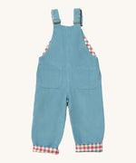 Little Green Radicals pale blue lined corduroy dungarees available at Babipur. A GOTS organic cotton dungaree in a corduroy style with a check inner. Features 2 back pockets and adjustable shoulder straps