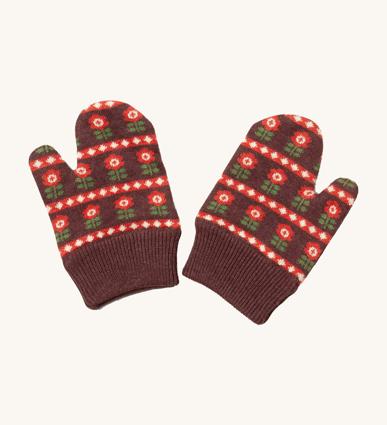 Little Green Radicals collecting flowers mittens available at Babipur. A dark brown GOTS organic cotton mitten with a retro flower design. Features a matching elasticated cuff for a secure fit.