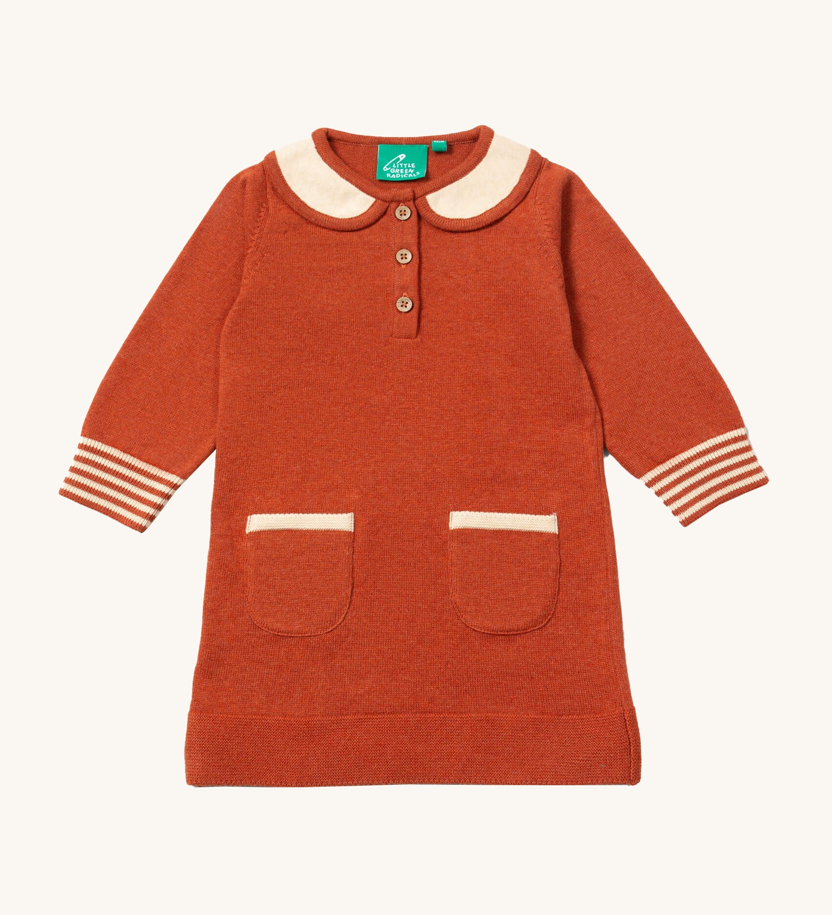 Little Green Radicals ginger knitted collar dress available at Babipur.. A GOTS organic cotton soft knitted dress in dark orange and cream trim. Features button fasteners on the top and 2 small side pouch pockets.