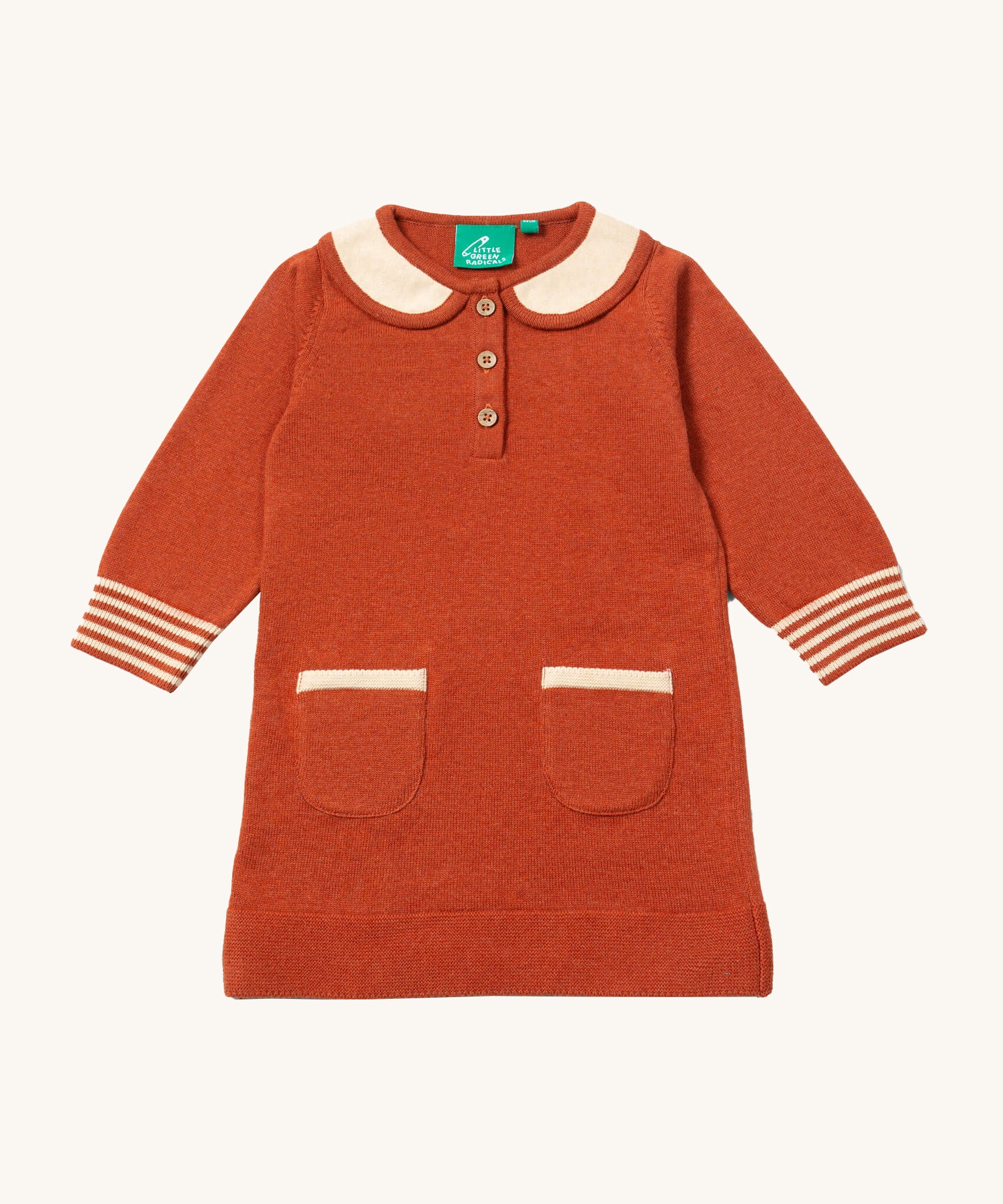 Little Green Radicals ginger knitted collar dress available at Babipur.. A GOTS organic cotton soft knitted dress in dark orange and cream trim. Features button fasteners on the top and 2 small side pouch pockets.