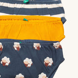 A close up of the Little Green Radicals sleeping sheep underwear. Showing the trim detail and and a close up of each print and colour on organic cotton fabric.