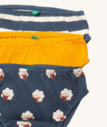 A close up of the Little Green Radicals sleeping sheep underwear. Showing the trim detail and and a close up of each print and colour on organic cotton fabric.
